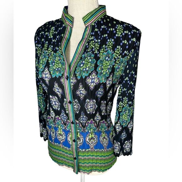 NICOLA Green & Black Multi Vintage Crinkle Scrunchie Blouse - Picture 2 of 5